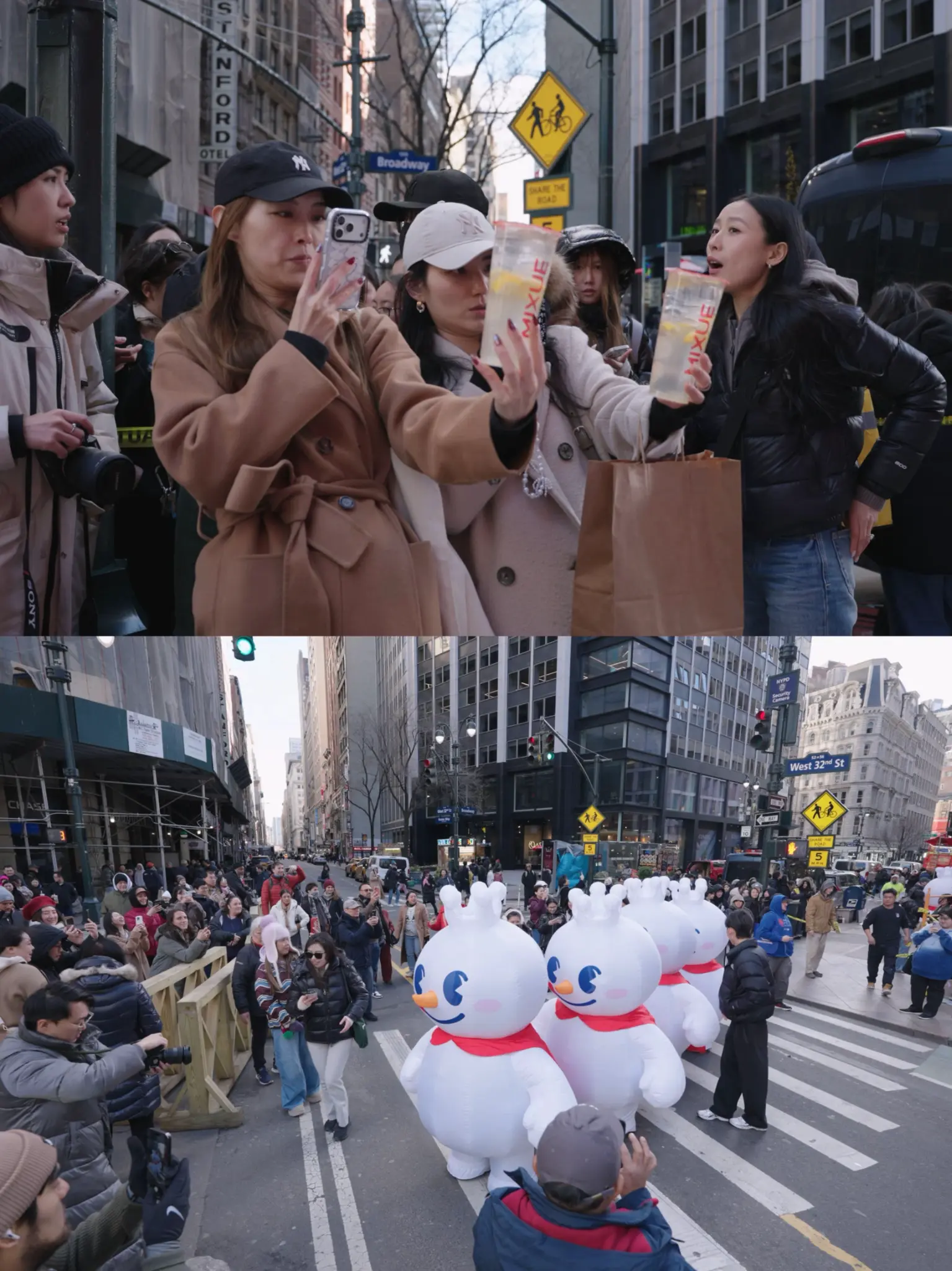 MIXUE snowman mascots at New York City street with crowds taking photos